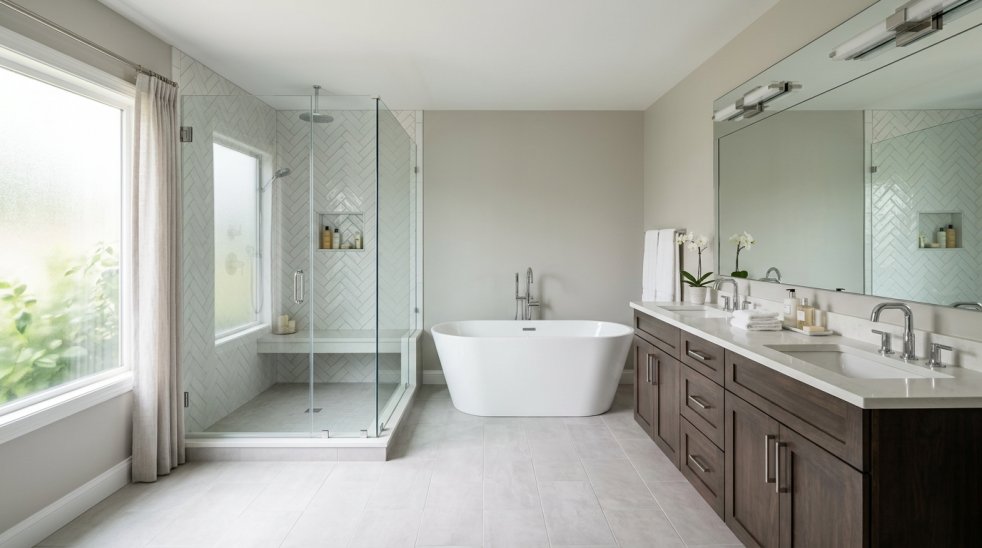 Modern bathroom remodel with glass walk-in shower, freestanding tub, double vanity, and large window