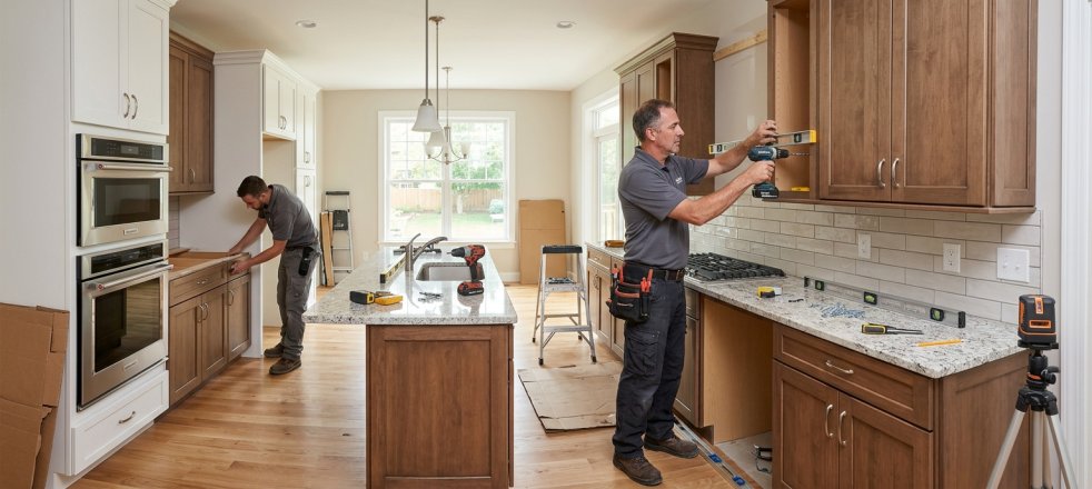 Contractors installing and leveling kitchen cabinets in a modern home kitchen with island and granite countertops