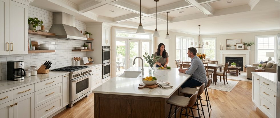 Couple in a bright remodeled kitchen with white cabinets, large island, hardwood floors, and open living area