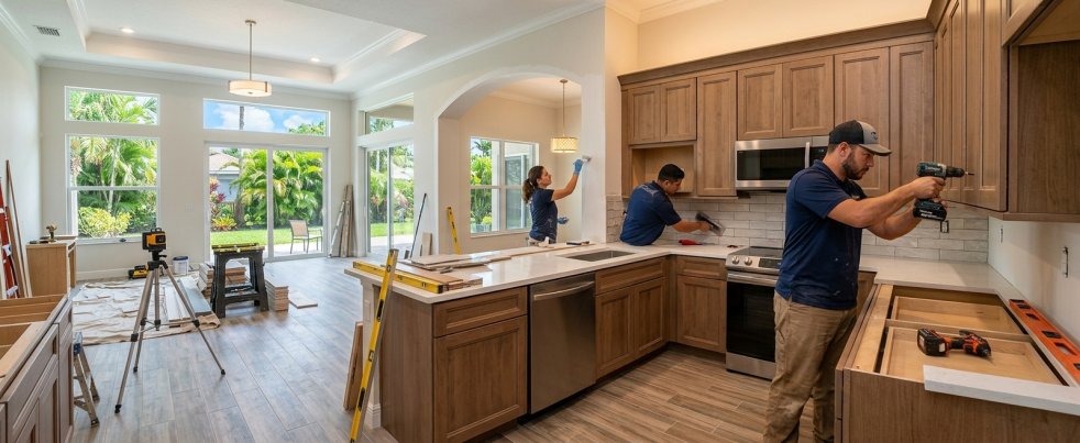Remodeling contractors installing cabinets and backsplash in a modern open kitchen during home renovation