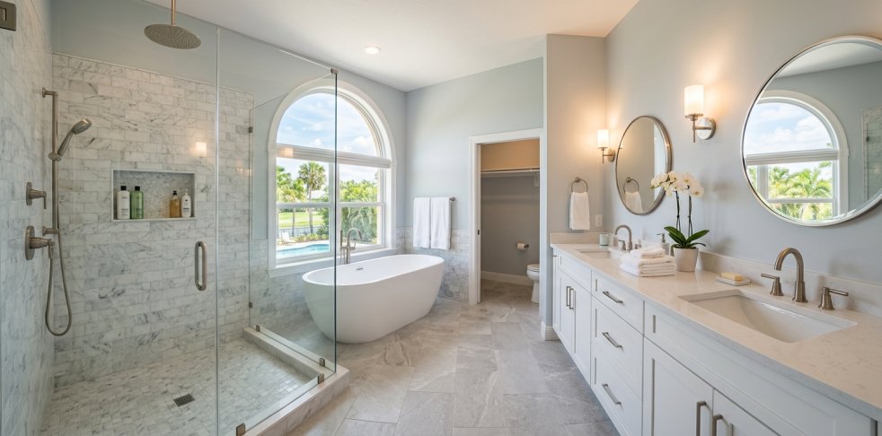 Remodeled luxury bathroom with glass walk-in shower, freestanding tub, double vanity, and large arched window